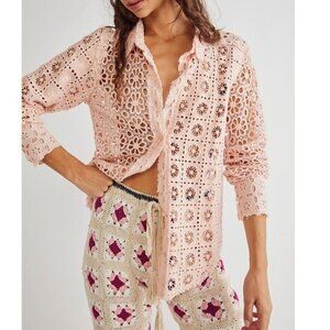 Free People One Yesenia Pink Floral Eyelet Button Up Shirt Shacket Boho Size XS